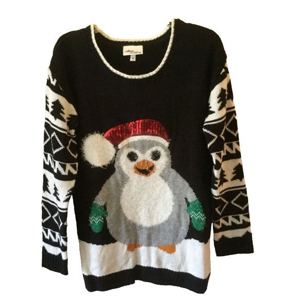 Allison Brittney Sweater Size Medium Black Penguin Ugly Cute Christmas Holiday - Picture 1 of 5